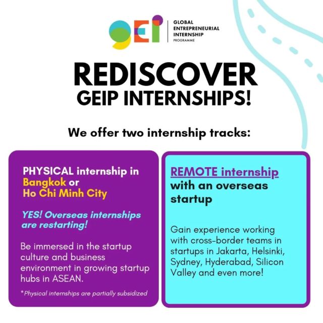 Welcome back to the new sem!

GEIP IS NOW OPEN FOR APPLICATIONS FOR INTERNSHIP IN SEP 22 🎉

Apply by 16 May 2359!