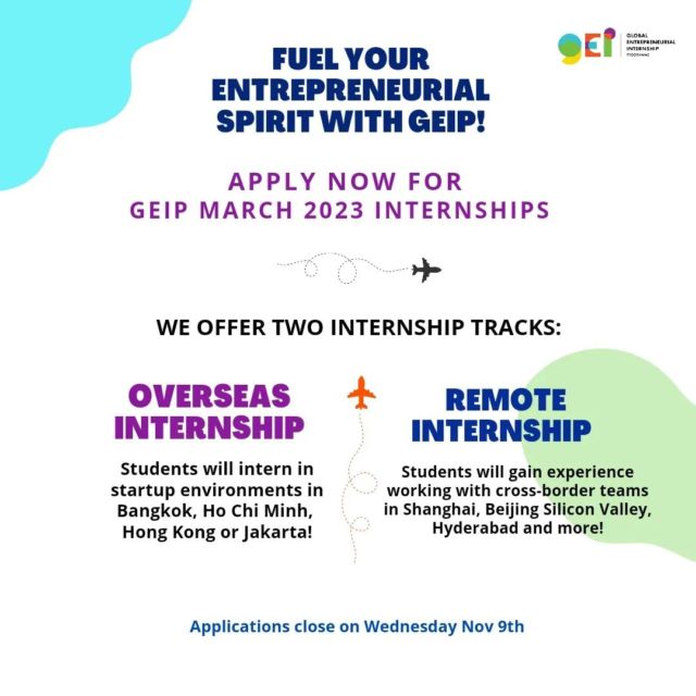 Welcome back to the new sem! 🎉🎉🎉

GEIP IS NOW OPEN FOR APPLICATIONS FOR MARCH 2023 🤩💭✈️

Check out our website & stay tune 👀 for more updates!

Ps: Application deadline on Nov 9th, don't wait till last min 😝